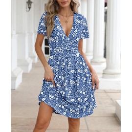 NILOUFO Women's Summer Casual Dress Short Sleeve Wrap V Neck Midi Dresses with Pockets (Floral Pattern-Blue, Medium)