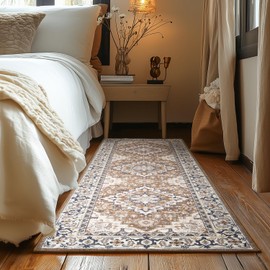 Lessymo 2 x 6 Runner Rug- Machine Washable Area Rugs Boho Faux Wool Low Pile Area Rug for Bedroom, Floral Medallion Vintage Rugs with Non-Slip Rubber,Brown Beige