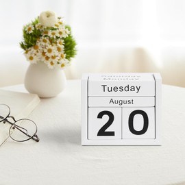 DEERINE Wooden Block Calendar for Desk, Daily Desktop Perpetual Desk Calendar, Cute Date Display Blocks Desk Accessory for Home Office Decor, Teacher, Classroom, Reusable Yearly, White