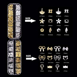 4 Boxes Nail Charms Set - 48 Types Gold & Silver 3D Nail Art Charms (Butterflies, Flowers, Beads etc.) + Tweezers & Pen - For DIY Gel & Acrylic Nails | Ideal for Nail Studio & Home