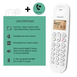 Logicom Iloa 150 Cordless Landline Telephone without Answering Machine - Solo - Analog and DECT Phones - White