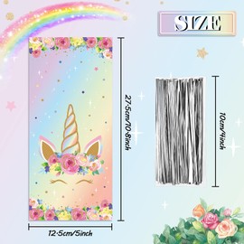Zonon 100 Pieces Unicorns Goodie Bags Favor Bags Unicorn Cellophane Treat Pink Rainbow Gold Candy with 100 Silver Twist Ties Party Favor for Girls Birthday Baby Shower Supplies