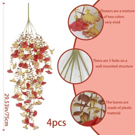 ACRYCS 4 Pcs Artificial Hanging Flowers for Outdoors Fall Morning Glory Artificial Flowers Autumn Decoration Yellow and Red Faux Flowers for Outdoor Planters Front Door Porch Patio Yard Decor