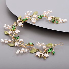 Diadema de novia con hojas de diamantes de imitación verdes, enredadera para el cabello con flores y perlas de cristal, accesorios para el cabello para novias y niñas
