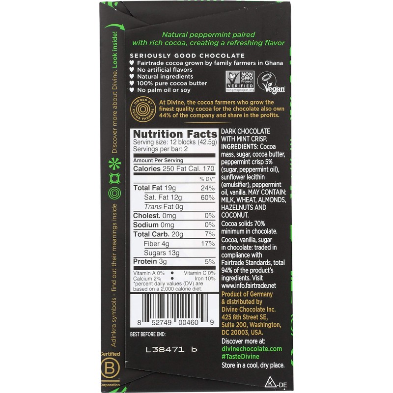 DIVINE CHOCOLATE Chocolate, 70% Dark Chocolate with Mint Crisp, 3
