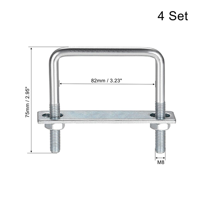 sourcing map Square U-Bolts 3-1/4"(82mm) Inner Width Carbon Steel M8