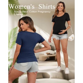Huukeay 4 Pack Women's Maternity Shirts Scoop Neck Maternity Top Short Sleeve Casual Cotton Tee Side Ruched Pregnancy Clothes(Black, Navy Blue, White, Light Gray,Medium)