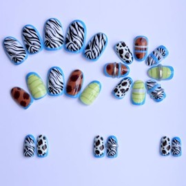 Uñas postizas acrílicas de almendra con diseño de tortuga, cebra y leopardo, para mujer, 24 unidades