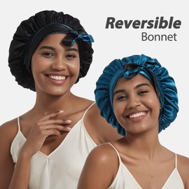 Hat Hut Satin Bonnet Silk Bonnet for Sleeping Cap for Curly Hair Bonnet for Women Double Layer Reversible Bonnet with Tie Band (Prussian Blue/Black)