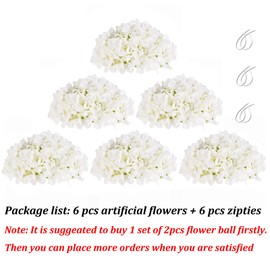 BLOSMON Hydrangea Artificial Flowers Ball Centerpieces 6 Pcs Fake Flowers White Silk Hydrangea Flower Balls Faux Hydrangeas Floral Arrangements Bouquet for Wedding Home Room Table Decoration