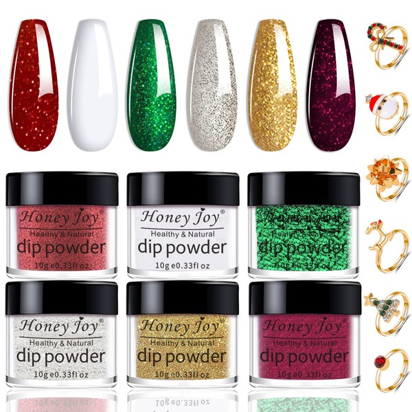 Honey Joy Dip Powder Set,Christmas Red Green Golden Glitter Fine Dipping Powder Colors No Need Lamp Cure,Like Gel Polish Effect,Even & Smooth Finishing (DP-Q-6pcs-10g/box)