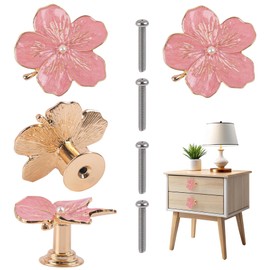 Framendino, 4 Pack Pink Flower Metal Cabinet Knobs Petal Drawer Dresser Handles for Kitchen Wardrobe Door Pull