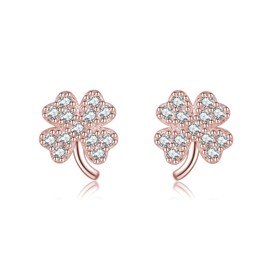 Reffeer Solid 925 Sterling Silver CZ Four Leaf Clover Earrings Stud for Women Teens Sparkle Leaf Stud Earrings (C-Rose Gold)