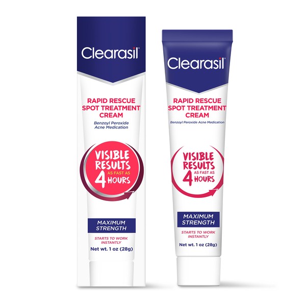 Acne Treatment Cream - Clearasil Rapid Rescue Spot Treatment Cream with Benzoyl Peroxide Acne Medication for Acne Relief in as fast as 4 hours, 1 Ounce