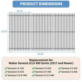 Htanch 18.7" SUS304 9MM Cooking Grates for Weber Genesis II 400 and Genesis II LX 400, Genesis II/LX E410 E415 E435 E440 S410 S415 S435 S440 Series Grills, 3 Packs Grill Grate Parts for Weber 66089