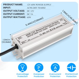 LED Driver 12V 60W Waterproof IP67 Power Supply Transformer 90V-240V AC to 12Volt DC Output, 12V LED Driver, 12Volt Led Power Supply for LED Light, Outdoor Use, Computer Project