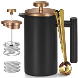Wrobic Stainless Steel French Press Coffee Press 600 ml, Double-Walled Insulated French Press, for Coffee and Tea, with 3 Additional Sieves and a Coffee Spoon, Black