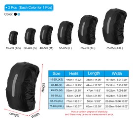 [PATIKIL] 40-50L 防水バックパック レインカバー 2個セット 滑り止めバックパックカバー 垂直反射ストラップ付き ハイキング キャンプ 狩猟用 M 黒/レイクブルー