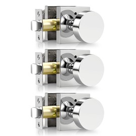 Gobrico Polished Chrome Privacy Door Knobs with Square Rosette(3 Pack), Interior Heavy Duty Door Handles with Lock, Keyless Door Lock for Bedroom, Bathroom