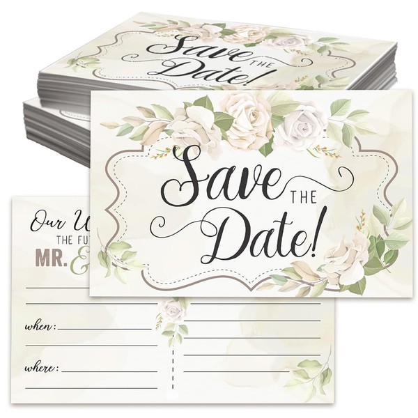 Wedding Save The Date Postcards White Roses - Set of