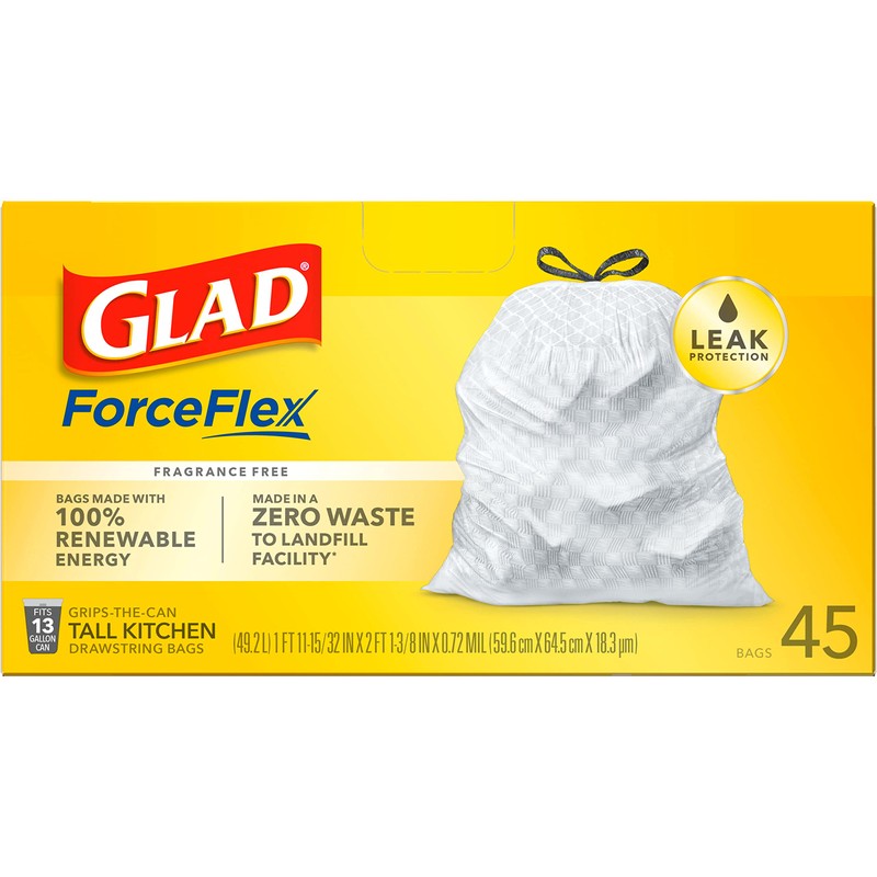 Glad ForceFlex Tall Kitchen Drawstring Trash Bags, 13 Gallon, 45