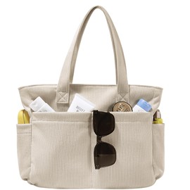 LOTEZAVA Corduroy Bag Women's Shopping Bag Large Tote Bag Shoulder Bag with Zip Multiple Pockets Handbag for Shopping, Work, Office, School, Travel and Daily Use, White, L