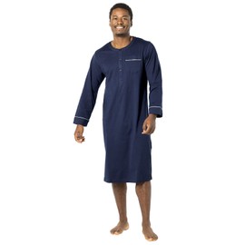 PajamaGram Mens Nightshirt for Sleeping - 100% Cotton Long Sleeve Night Gown for Men - Men's Night Shirts for Sleeping, Navy Blue Mens Nightgown, SM
