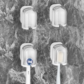4Pack Toothbrush Holder Wall Mounted with Cover for Bathroom, Self-Adhesive Toothbrush Stand with Toothpaste Holder, Toothbrush Storage Organizer for Shower