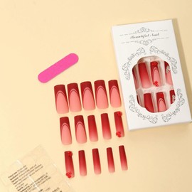 Long Square Press on Nails Red French Tip Fake Nails with 3D Butterfly Nail Charm Acrylic Nails Artificial False Nails for Women and Girls 24 Pcs (Red -6, style-6)