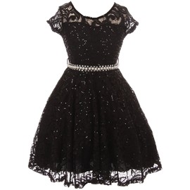 iGirlDress Cap Sleeve Floral Lace Glitter Pearl Holiday Party Flower Girl Dress Black Size 16