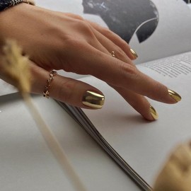 Mirror Metal Light Gold Press on Nails Short Square, Chrome Glazed Short Gel Nails Press on Bling Shiny Plating Nails Acrylic Nails Reusable Thick Fake Nails for Women Glue on Nails Short False Nails