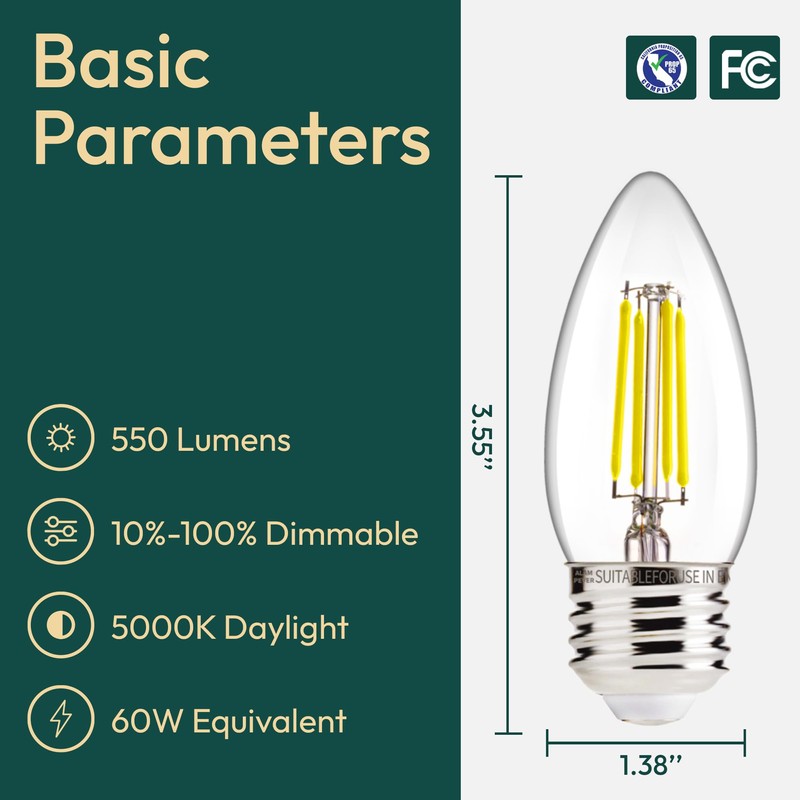 ALAMPEVER 6 Pack Chandelier Light Bulbs 60W Equivalent, E26 Edison
