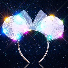 Unicra Light Up Headband Mouse Ears Headbands Bow Hair Accessories for Women and Girls (Silver Sequin Ears - Tiara)