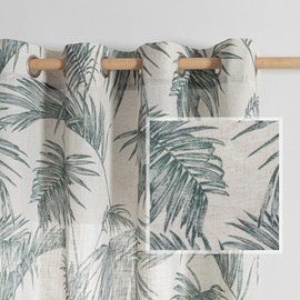 MYSKY HOME Linen Curtains 63 Inch Length Semi Sheer Curtains Tropical Pattern Decorative Window Treatment Drapes Privacy with Light Through for Kitchen/Nursery/Bathroom, 52" Wide, Green, 2 Panels