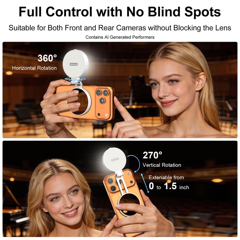 Newmowa Magnetic Selfie Light, Extendable Phone Ring Light with Mirror,
