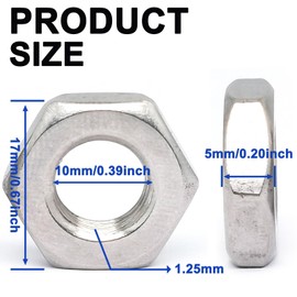 5pcs M10 ID x 1.25mm Pitch - 5mm Thickness Fine Thread - 17mm Opposite Side 304 Stainless Steel Hex Thin Nuts,Hex Lock Nut Fasteners,Hardware Nuts for Bolt Dropper