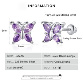 AOROCO Butterfly Earrings for Girls,925 Sterling Silver Post Earrings Screw Backs Butterfly Stud Earrings CZ Hypoallergenic Butterfly Jewelry Gifts for Girls Teens Women Daughter