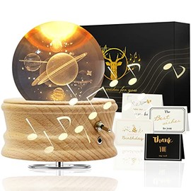 Hwawhin 3D Crystal Ball Music Box Luminous Rotaing Music Box Projection LED Light-Wood Base with 4PCS Greeting Cards for Kids Girlfriend Teacher Morth Aunt Birthday Gift (Asteroid)