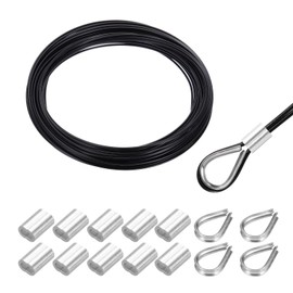 sourcing map 66FT Stainless Steel Cable Railing Kit, 1/16" Vinyl Coated 7x7 Strand Wire Rope with Loop Sleeves and Thimbles for Outdoor Deck Fence Wire & String Light,Picture Hanging,Black