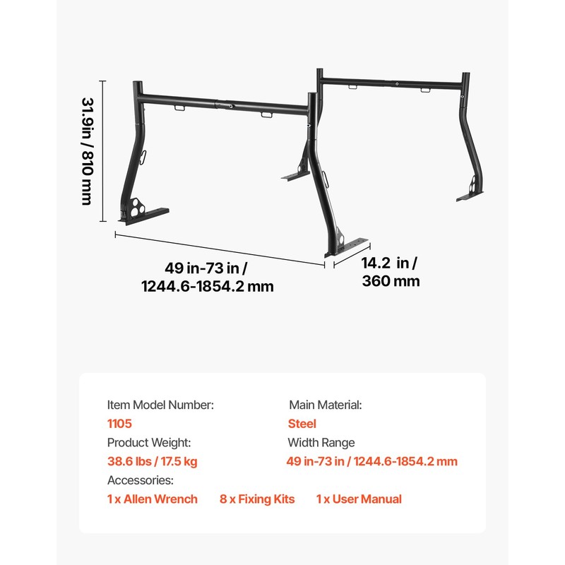 VEVOR Truck Ladder Rack, 49-73 in Width, Extendable Universal Cargo