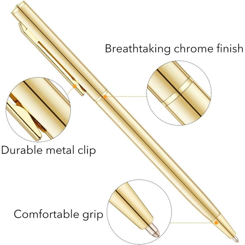 Afoxon Slim Metallic Retractable Ballpoint Pens - Gold, Nice Gift