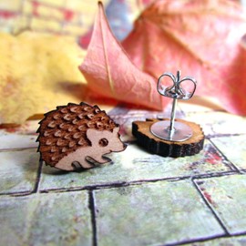 Little Wood Hedgehog Stud Earrings, Laser Cut Natural Wooden Pokey Hog Studs Jewelry