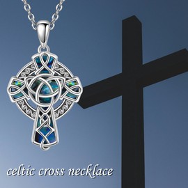 CUPENDA Celtic Cross Necklace S925 Sterling Silver Celtic Knot Cross Abalone Pendant Necklace Celtic Cross Jewelry Gifts for Women Men