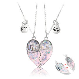 Magnetic Friendship Necklaces for 2 Girls Friends Christmas Birthday Gifts for Girls Silver Sequins Matching Heart BFF Necklace for 2 Bestie Gifts for Teen Girls
