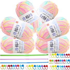 Crochet Yarn Balls(6 X 50g, 4-Ply), Knitting Wool Yarn for Crochet, Double Knitting Wool with Aluminum Crochet Hooks Stitch Markers, Acrylic Yarn for DIY Craft and Crochet Project (A-Summer Lotus)