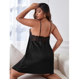 WDIRARA Women's Plus Size Satin Nightgown Lace Trim Backless V Neck Sexy Chemise Black 4XL