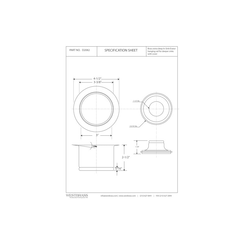 Westbrass D2082-05 3-1/2" Extra-Deep Collar Kitchen Sink Waste Disposal Flange
