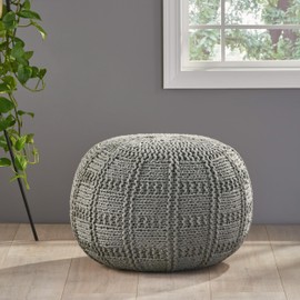 Handcrafted Knit Pouf, Modern Round Footrest & Decorative Seating, 20" Cozy Accent for Living Room, Nursery, Bedroom, Functional Home Decor, Comfortable Versatile Pouf Grey Soft Cotton Weave