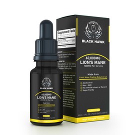 BLACK HAWK Lions Mane Supplement Liquid 1000mg - 60 Vegan Servings High Strength Lions Mane Mushroom Fruiting Body Extract - 2 Months Supply - Nootropic - Made in The UK by BLACK HAWK