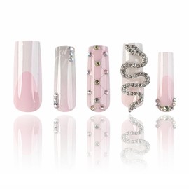 MISUD Press on Nails - Long Square Glue on Nails with French Tip, Acrylic Snake Rhinestone Design 24 pcs